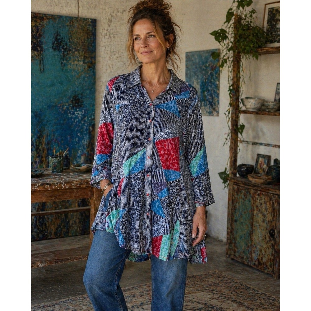 Carine XL Patchwork Tunic Top Boho Artsy Button Front Long Sleeve Flowy Shirt